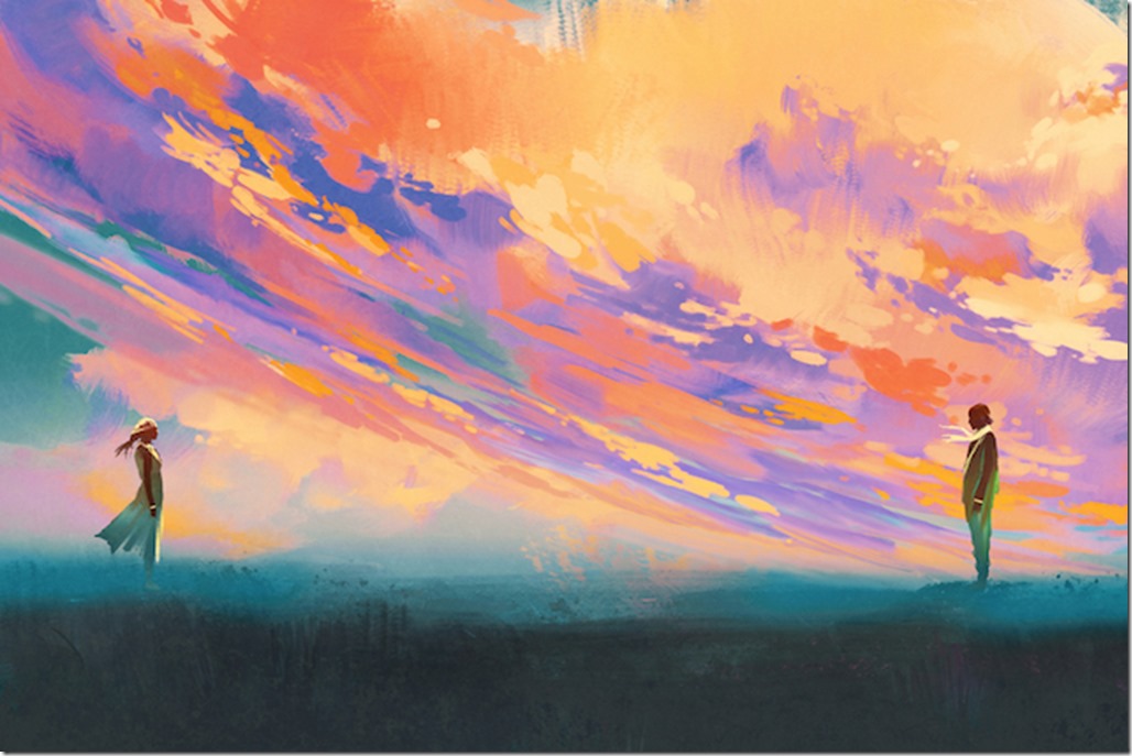 man and woman standing opposite of each other against colorful sky,illustration painting