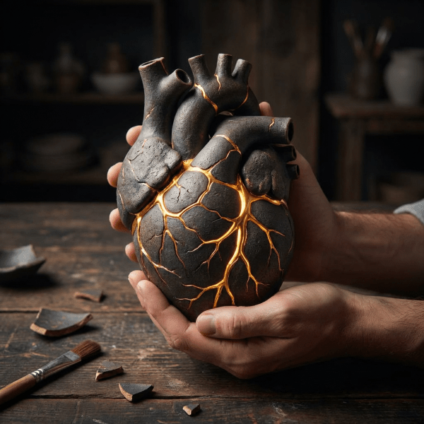 Hands holding a dark ceramic anatomical heart with glowing golden cracks over a wooden table.