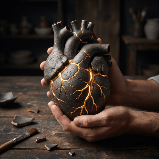 Hands holding a dark ceramic anatomical heart with glowing golden cracks over a wooden table.