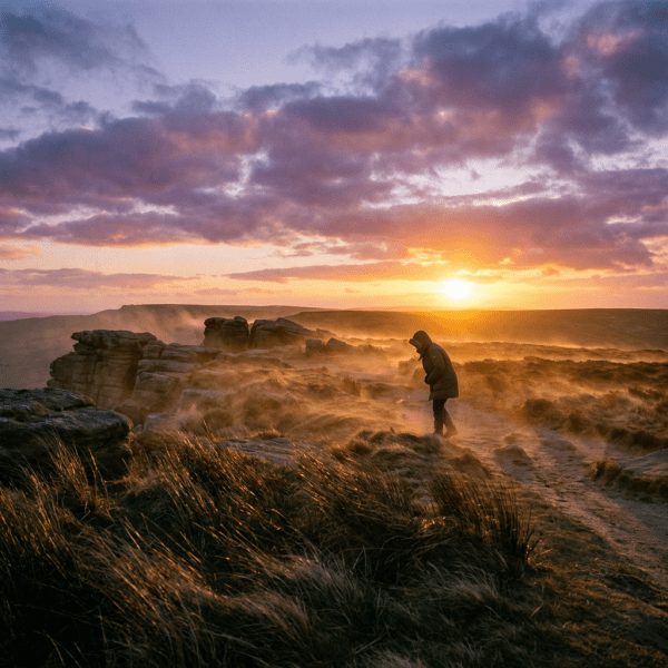 A person walking along a misty, rocky ridge during a vibrant mountain sunset.