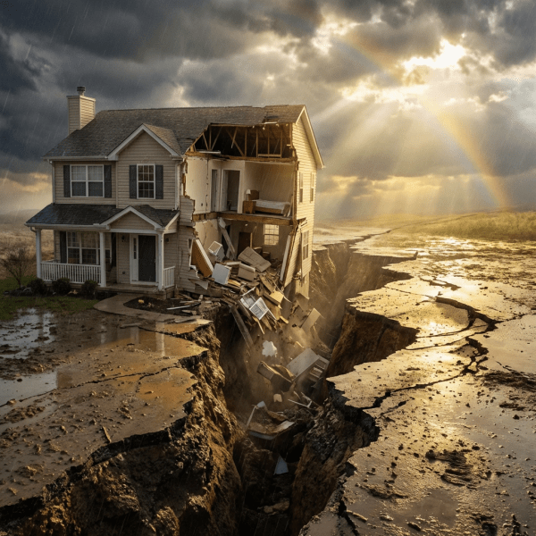 Suburban house partially collapsed into a massive ground fissure under a stormy, rainbow-filled sky.