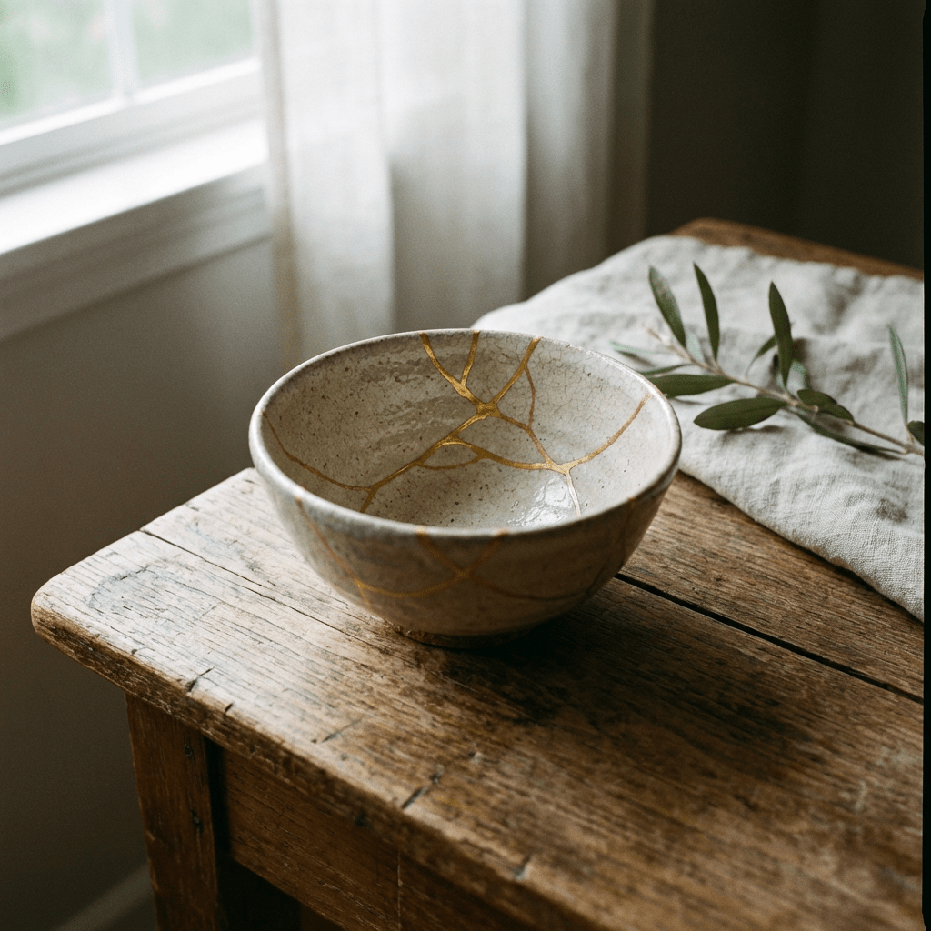 A cream-colored ceramic bowl repaired with gold kintsugi veins on a rustic wooden table.