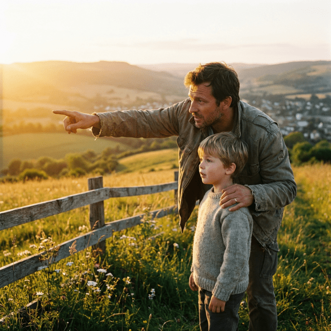 A man points toward a scenic valley for a young boy during a golden hour sunset.