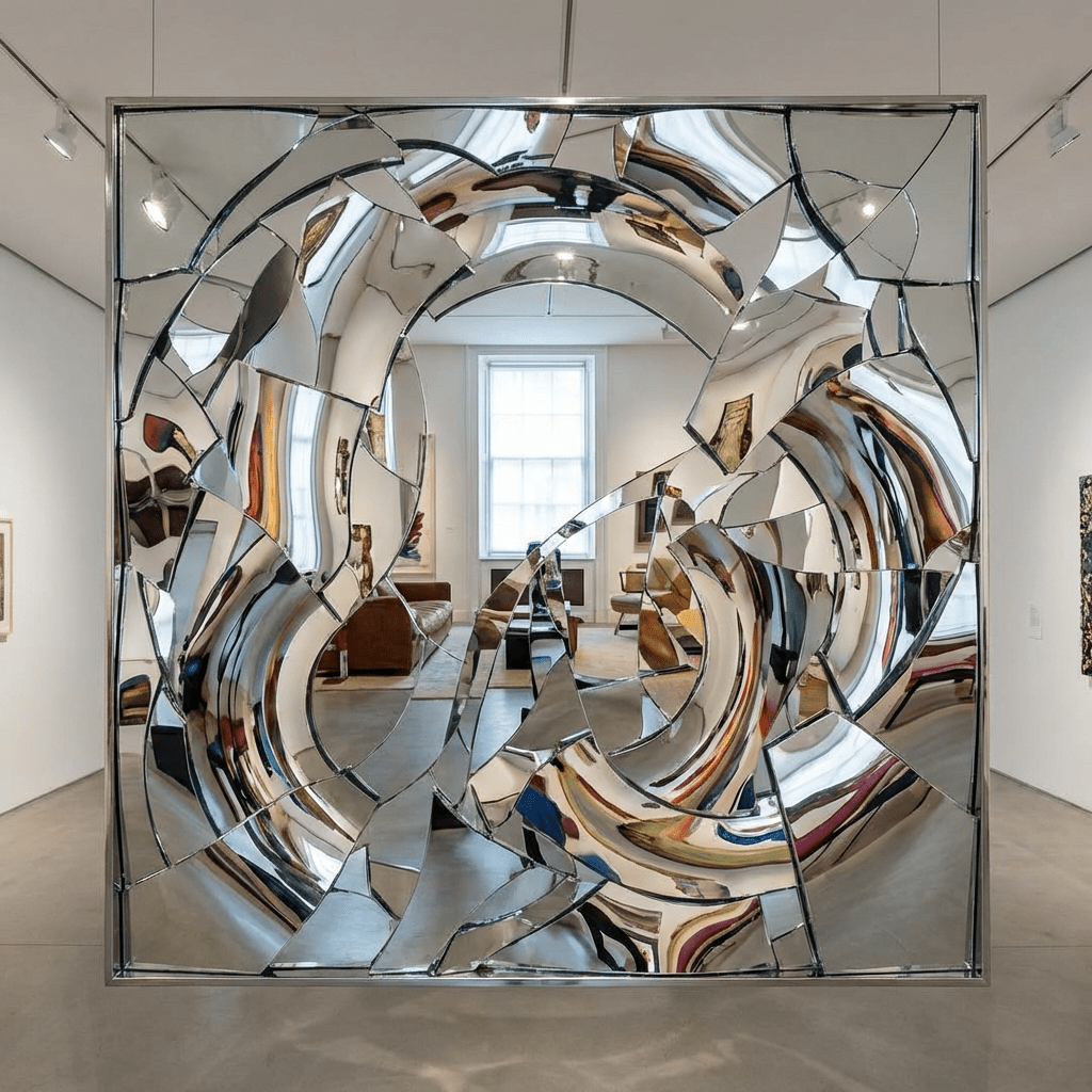 Square sculpture of fragmented mirrors reflecting a gallery room in distorted, curved pieces.