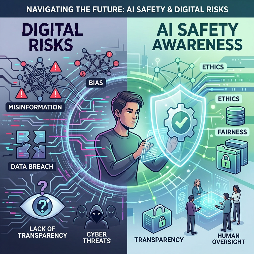 Diagram contrasting digital risks like misinformation, bias, data breach, lack of transparency, cyber threats with AI safety awareness aspects including ethics, fairness, transparency, human oversight.