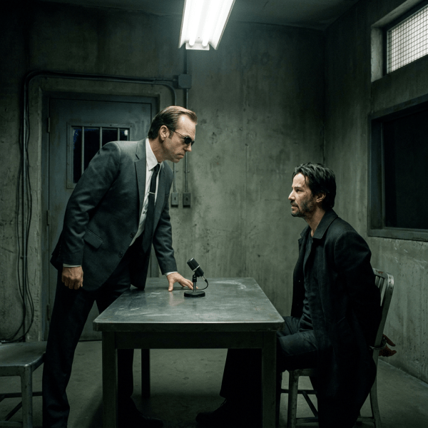 Man in suit interrogating handcuffed man sitting at metal table in prison room