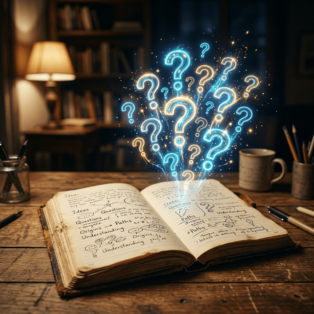 Open notebook on wooden desk with handwritten notes and glowing question marks above it