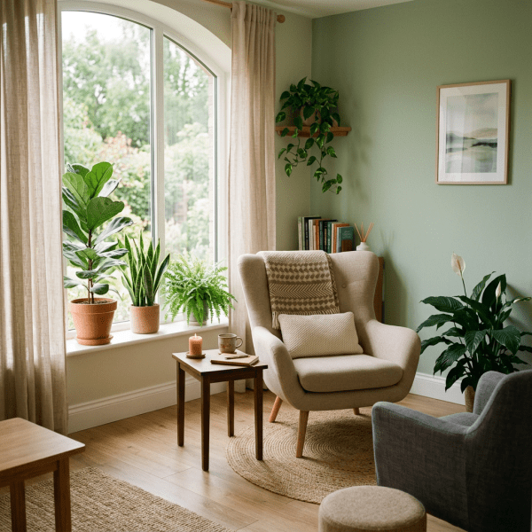 Living room corner with beige armchair, small wooden table, multiple green plants, and large window with curtains