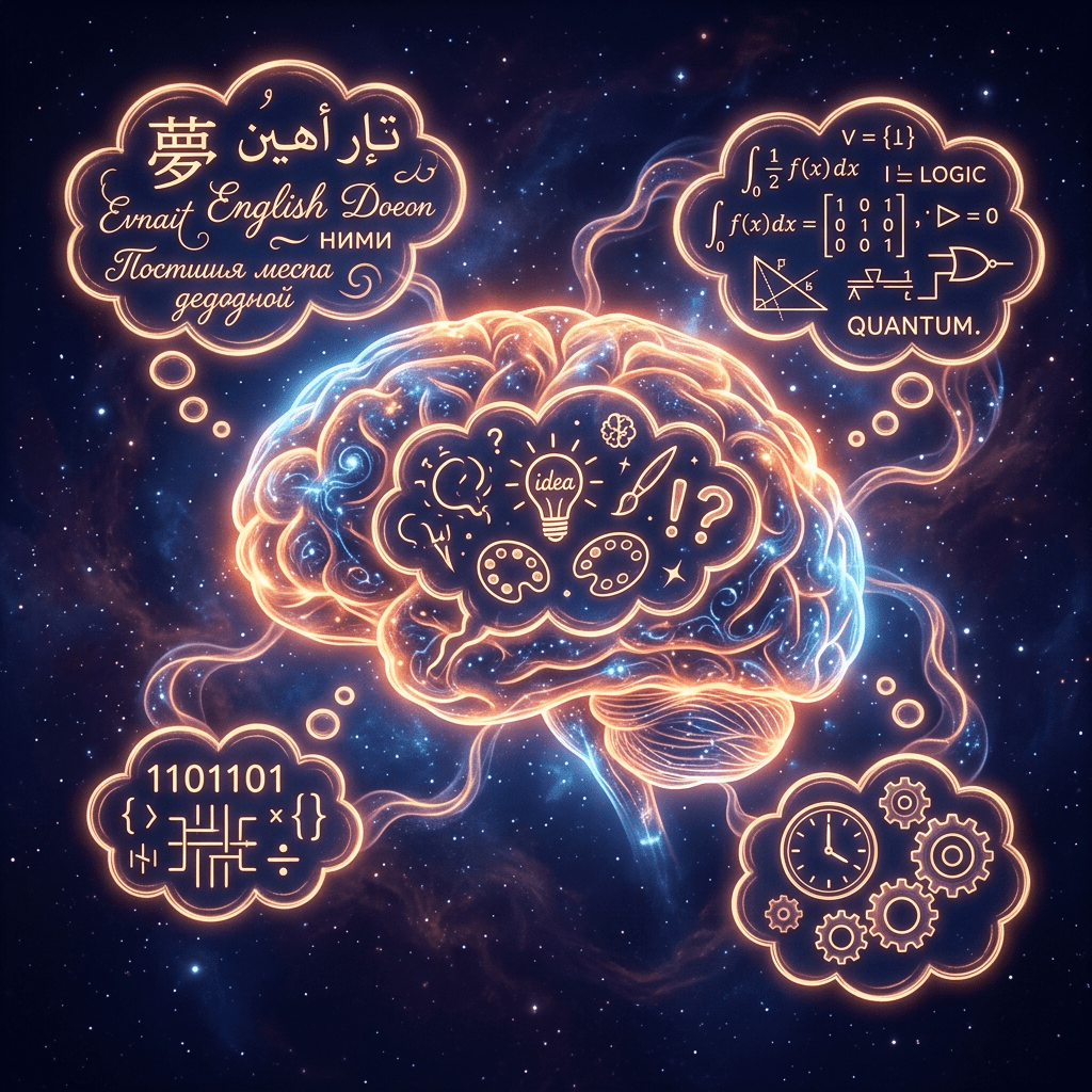 Glowing brain with thought bubbles containing languages, mathematical formulas, coding, and creative symbols