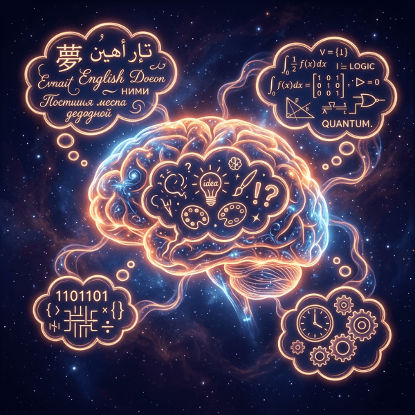 Glowing brain with thought bubbles containing languages, mathematical formulas, coding, and creative symbols