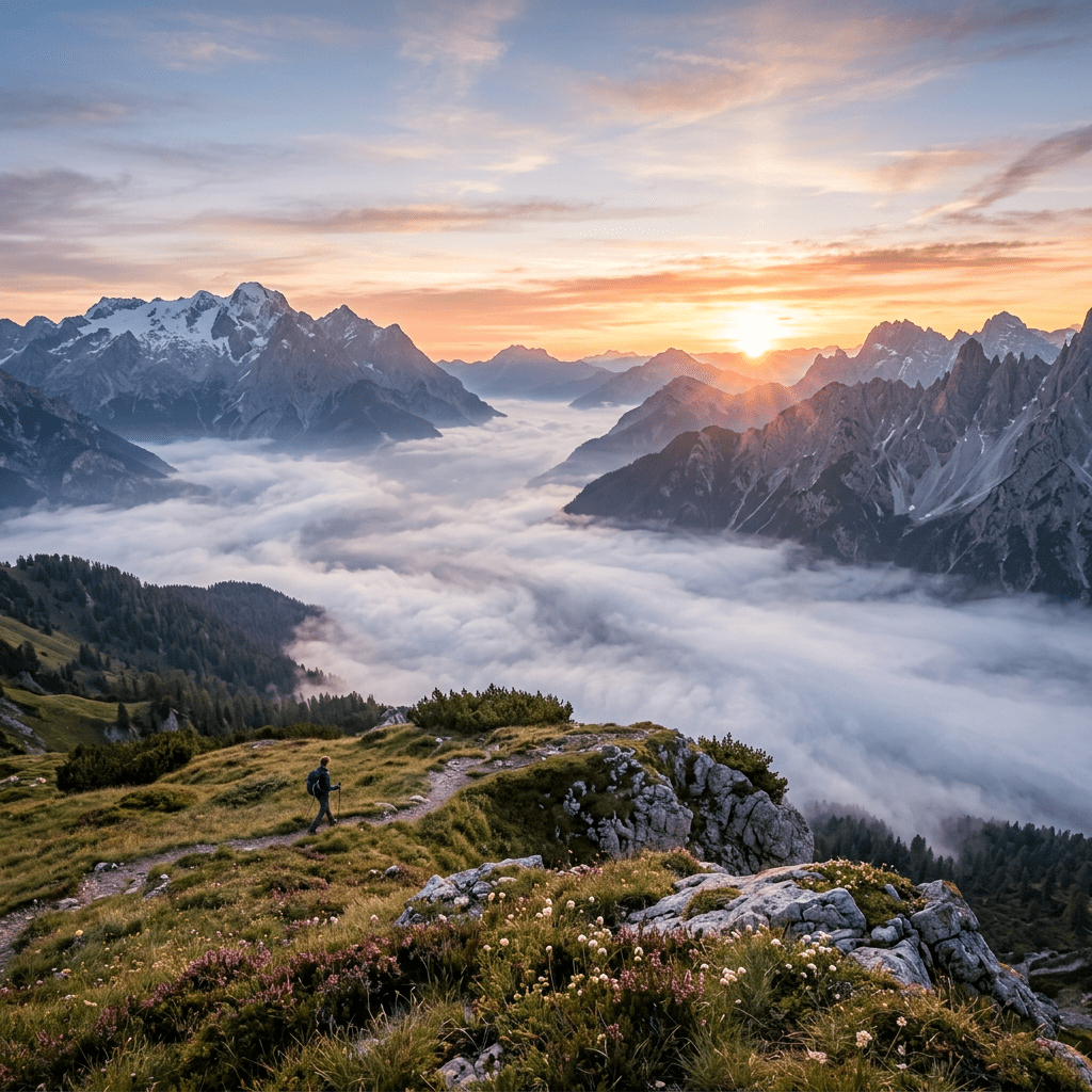 Hiker on mountain trail overlooking mist-filled alpine valley at sunset