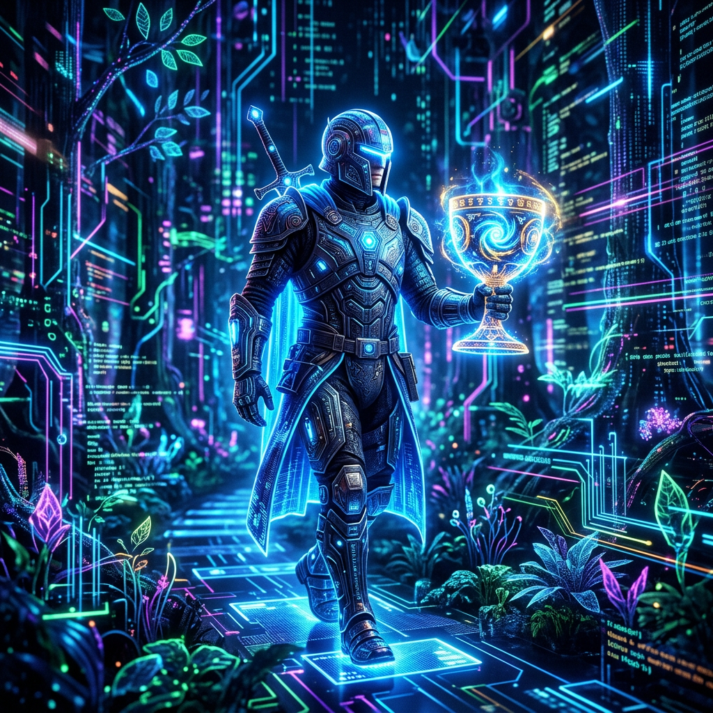 Armored knight in glowing high-tech suit carrying an ornate glowing chalice in a neon digital forest environment