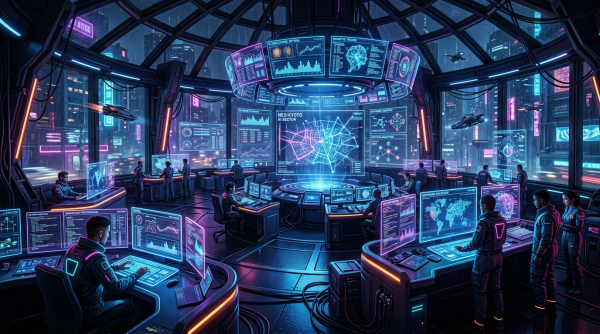 Futuristic control room with multiple holographic screens and operators working
