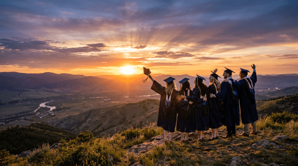 Six graduates in caps and gowns standing on a mountaintop at sunset overlooking a valley and river.