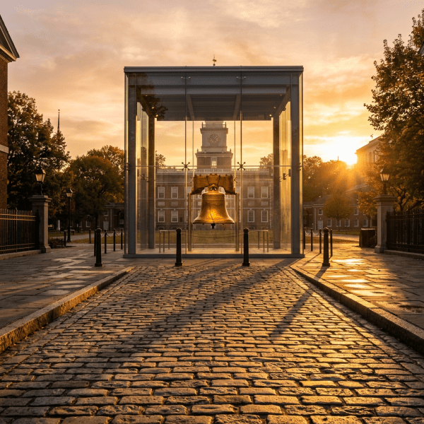 Liberty Bell housed in a glass pavilion with sunrise in background