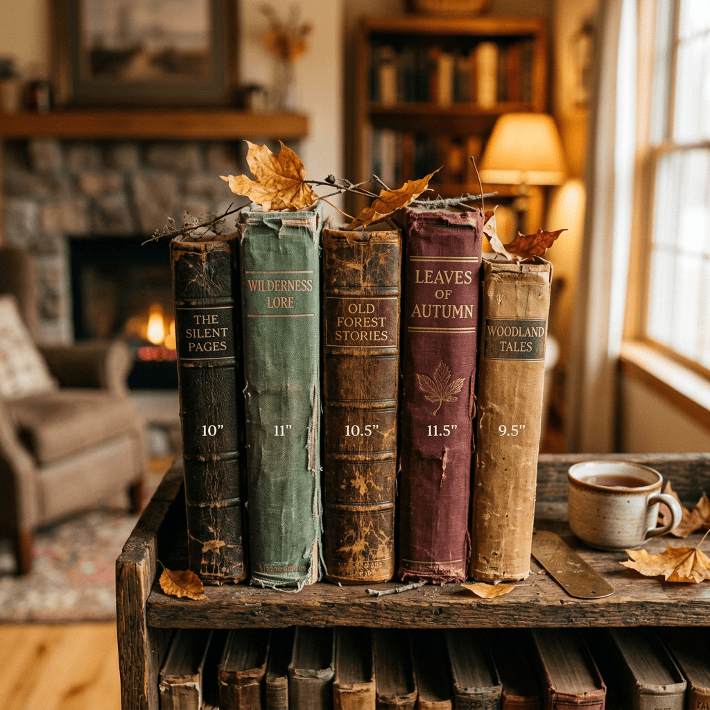 Five vintage books titled The Silent Pages, Wilderness Lore, Old Forest Stories, Leaves of Autumn, and Woodland Tales with autumn leaves on top