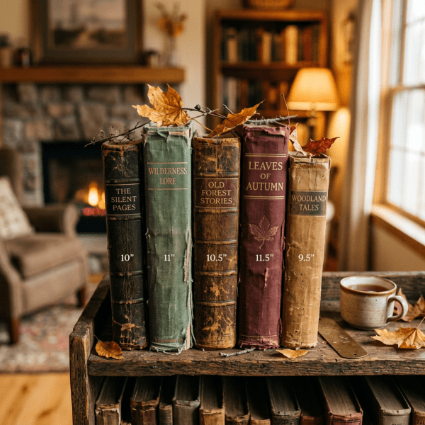 Five vintage books titled The Silent Pages, Wilderness Lore, Old Forest Stories, Leaves of Autumn, and Woodland Tales with autumn leaves on top