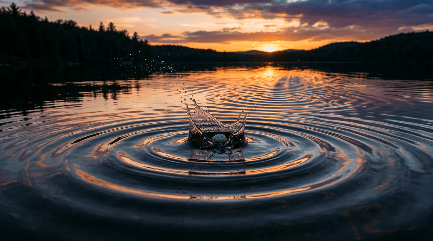 Stone causing splash and ripples on lake water at sunset