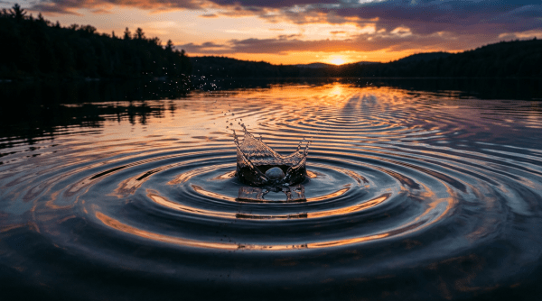 Stone causing splash and ripples on lake water at sunset