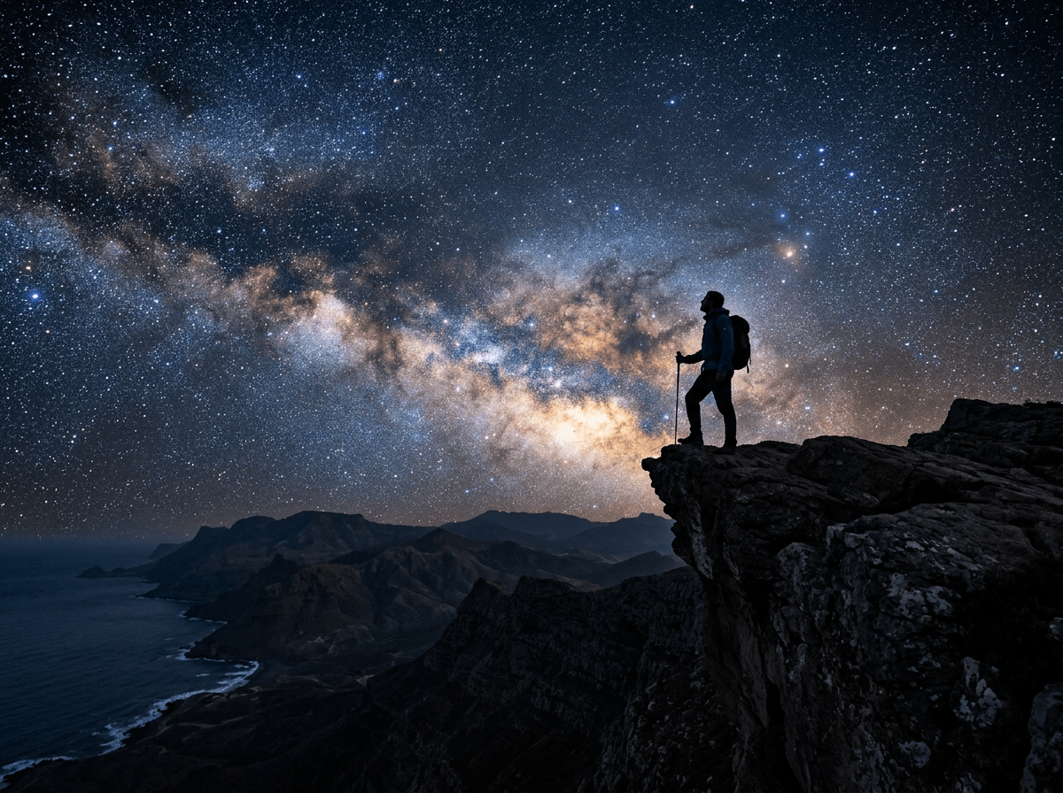 Silhouette of a hiker on a cliff beneath the Milky Way galaxy stretching across a starry night sky