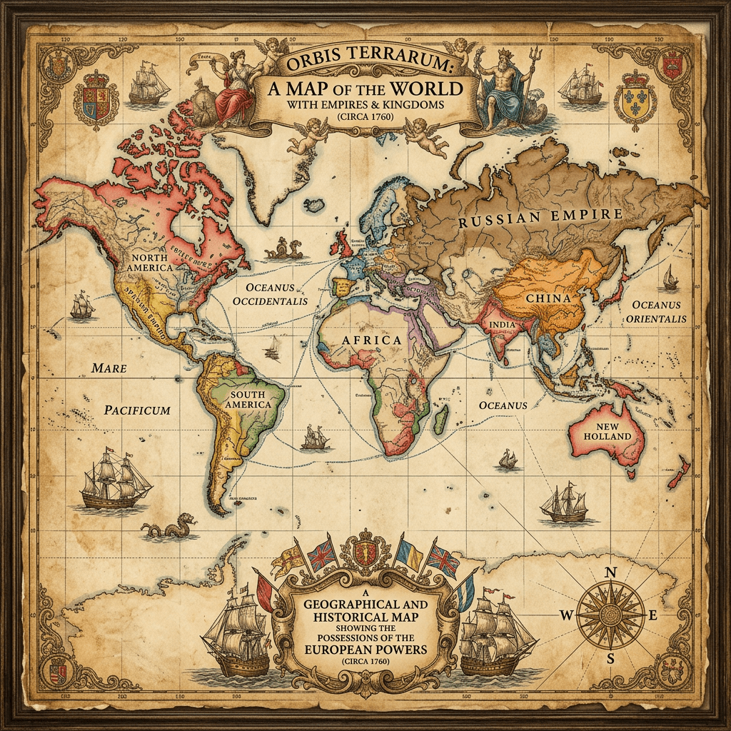 World map titled 'Orbis Terrarum' showing empires and kingdoms circa 1760 including North America, South America, Africa, Russian Empire, China, India, and New Holland.