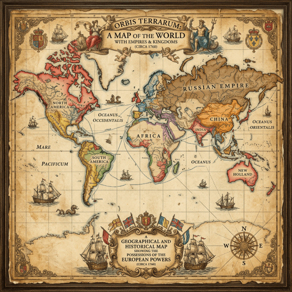 World map titled 'Orbis Terrarum' showing empires and kingdoms circa 1760 including North America, South America, Africa, Russian Empire, China, India, and New Holland.