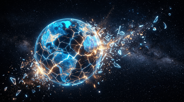 Glowing Earth model breaking apart with shards floating in space