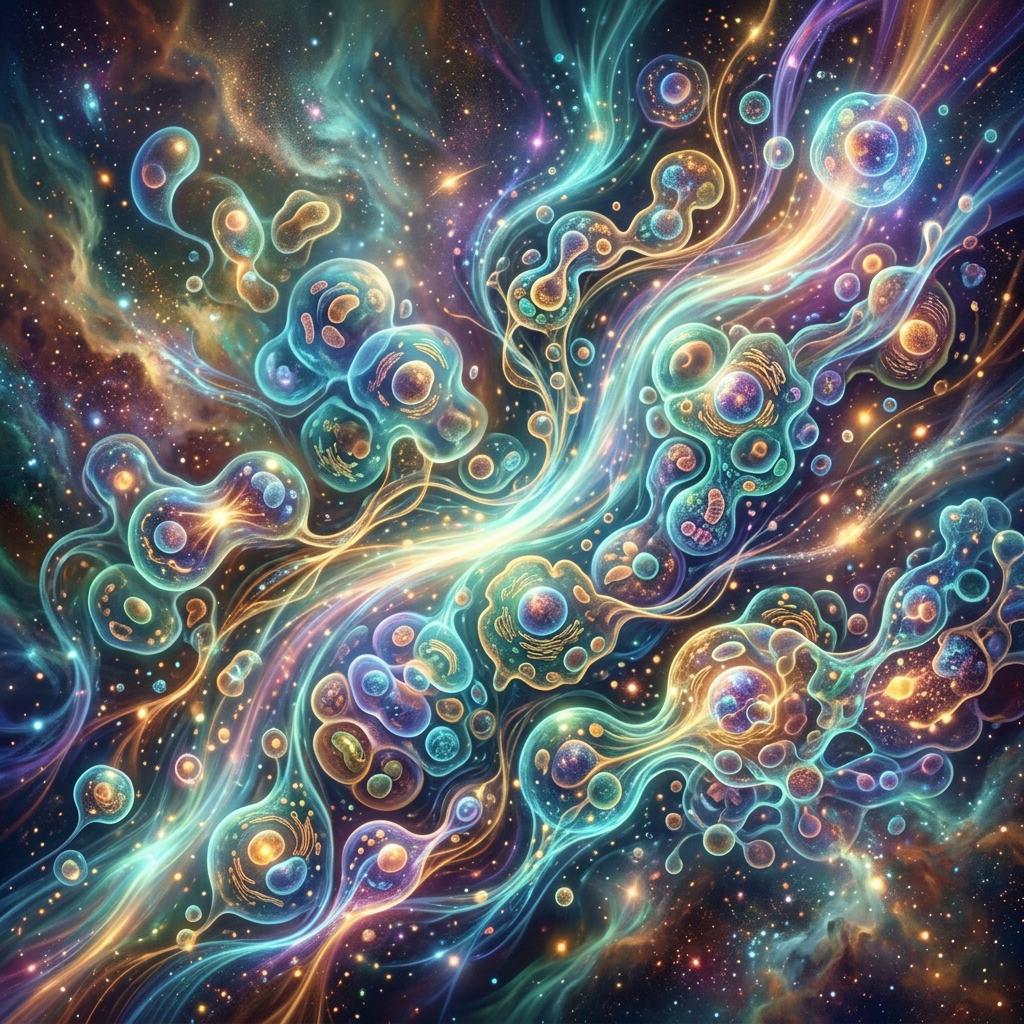 Colorful cells with visible organelles floating in a glowing cosmic environment