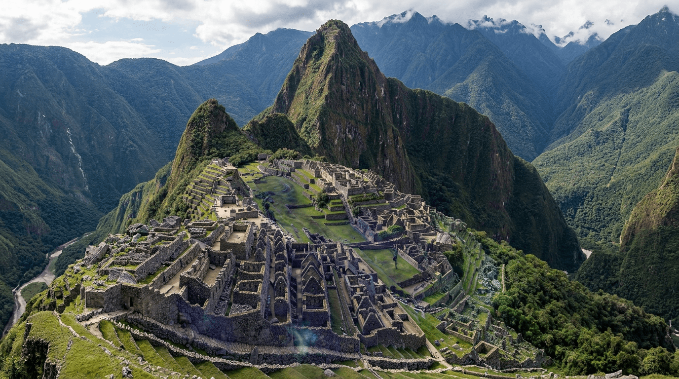 Machu Picchu ancient stone ruins among green mountains in Peru