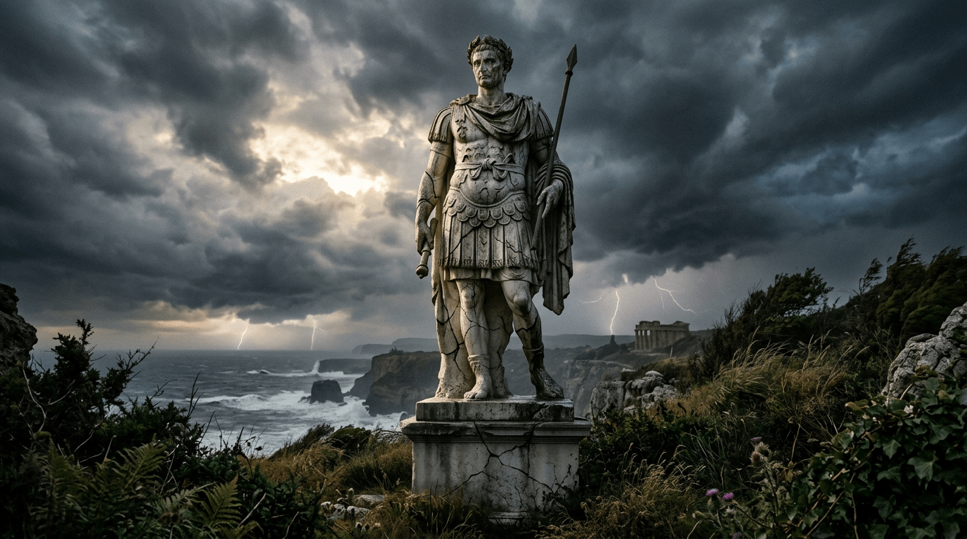 Roman statue holding spear with stormy ocean, lightning, and ruins behind