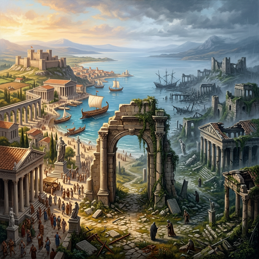 Vibrant ancient city with lively harbor and contrasting eerie ruined structures by the sea