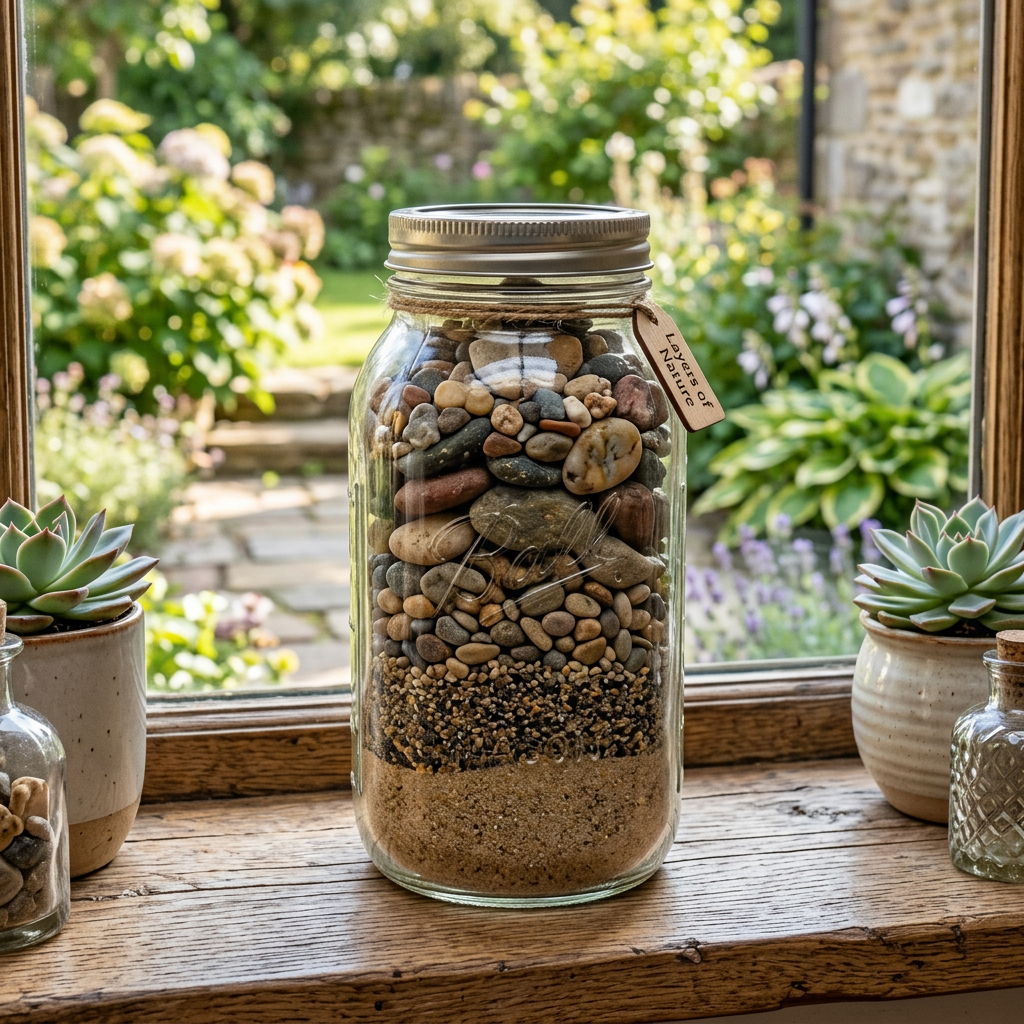 Glass jar with layers of sand, soil, and various stones on wooden windowsill