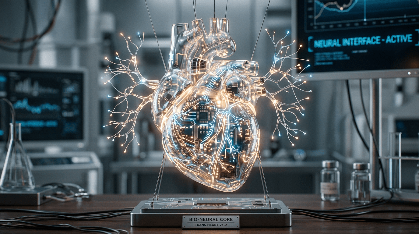Transparent heart model with glowing neural network and circuitry on a laboratory table