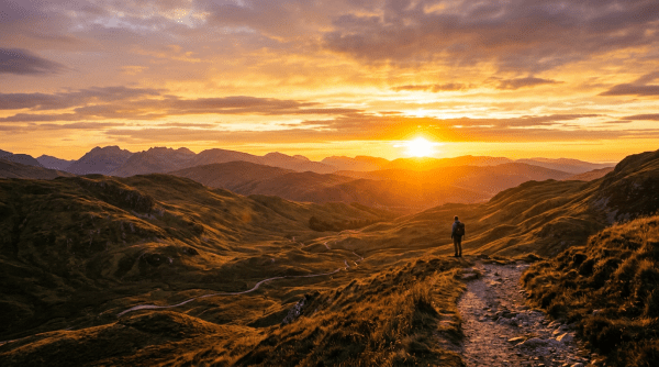 Hiker standing on a mountain trail overlooking hills at sunset