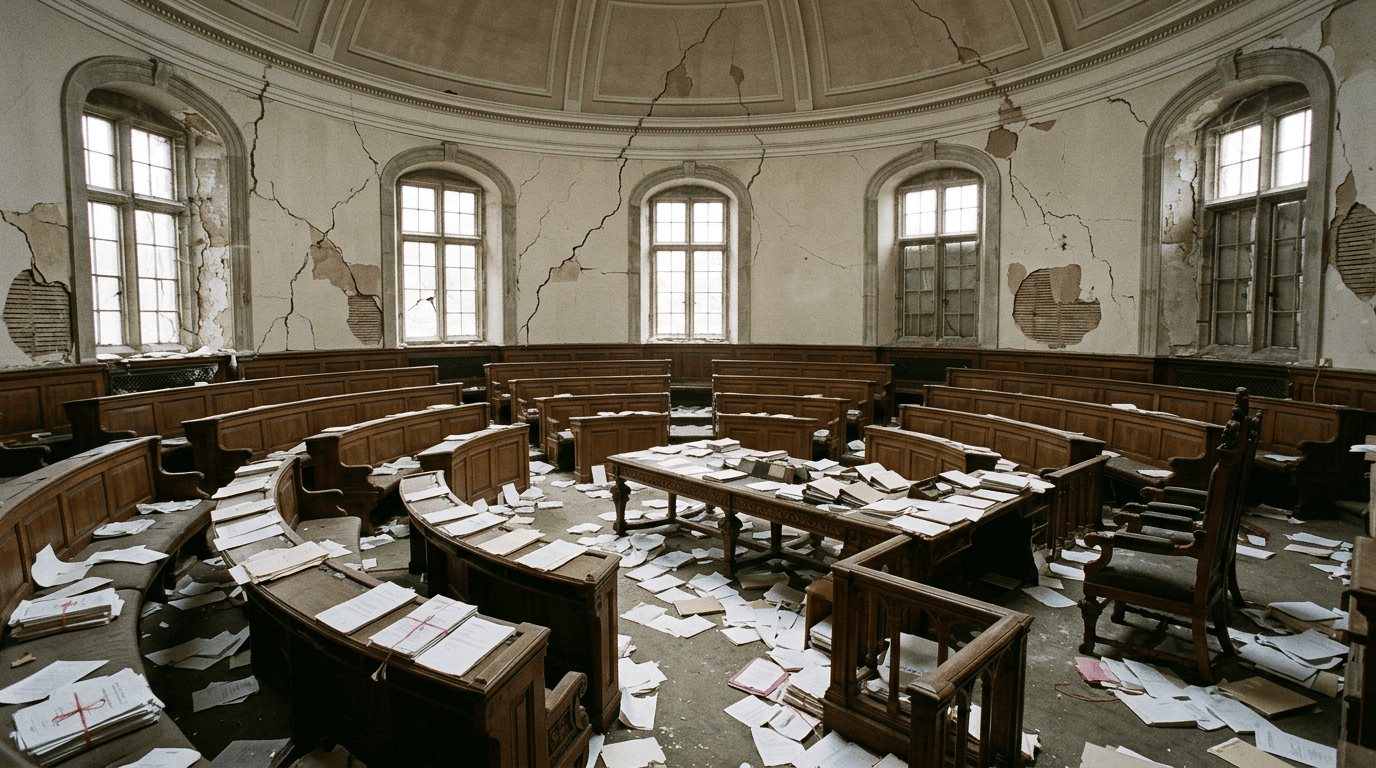 Empty courtroom with wooden benches and papers scattered on floor
