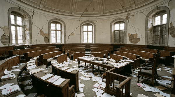 Empty courtroom with wooden benches and papers scattered on floor