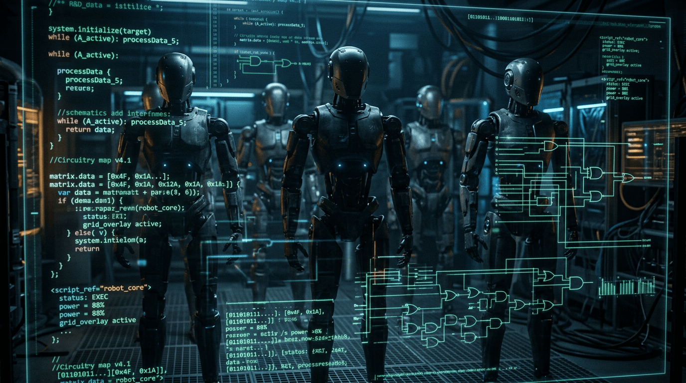 Humanoid robots in a laboratory with projected code and circuit diagrams