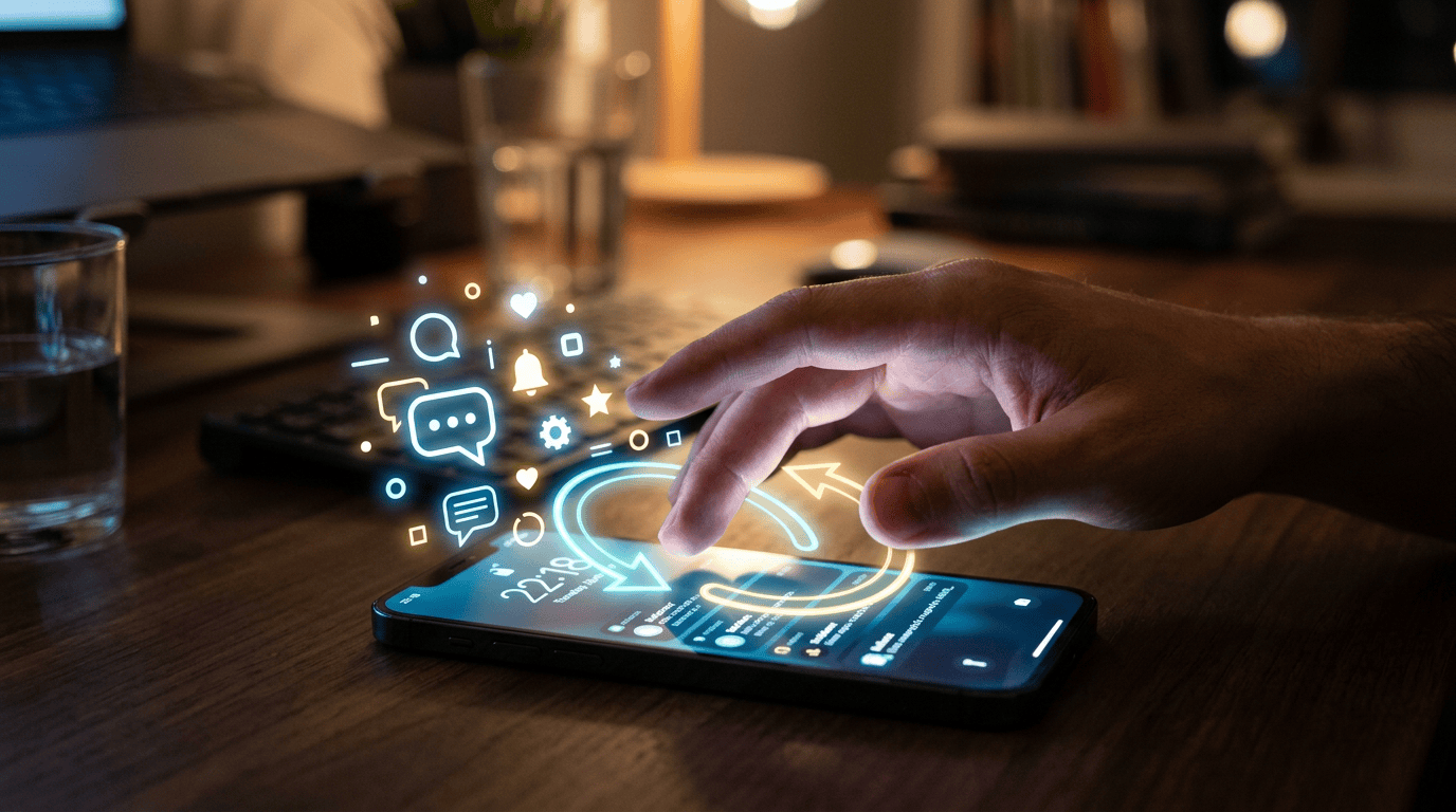 Hand interacting with smartphone displaying social media interface and icons