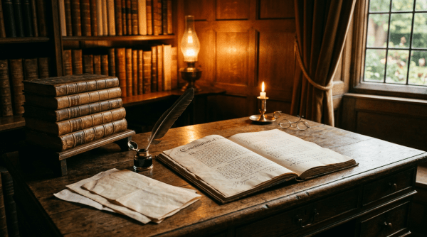 Open antique book, quill, stacked books, papers, candle, and glasses on wooden desk