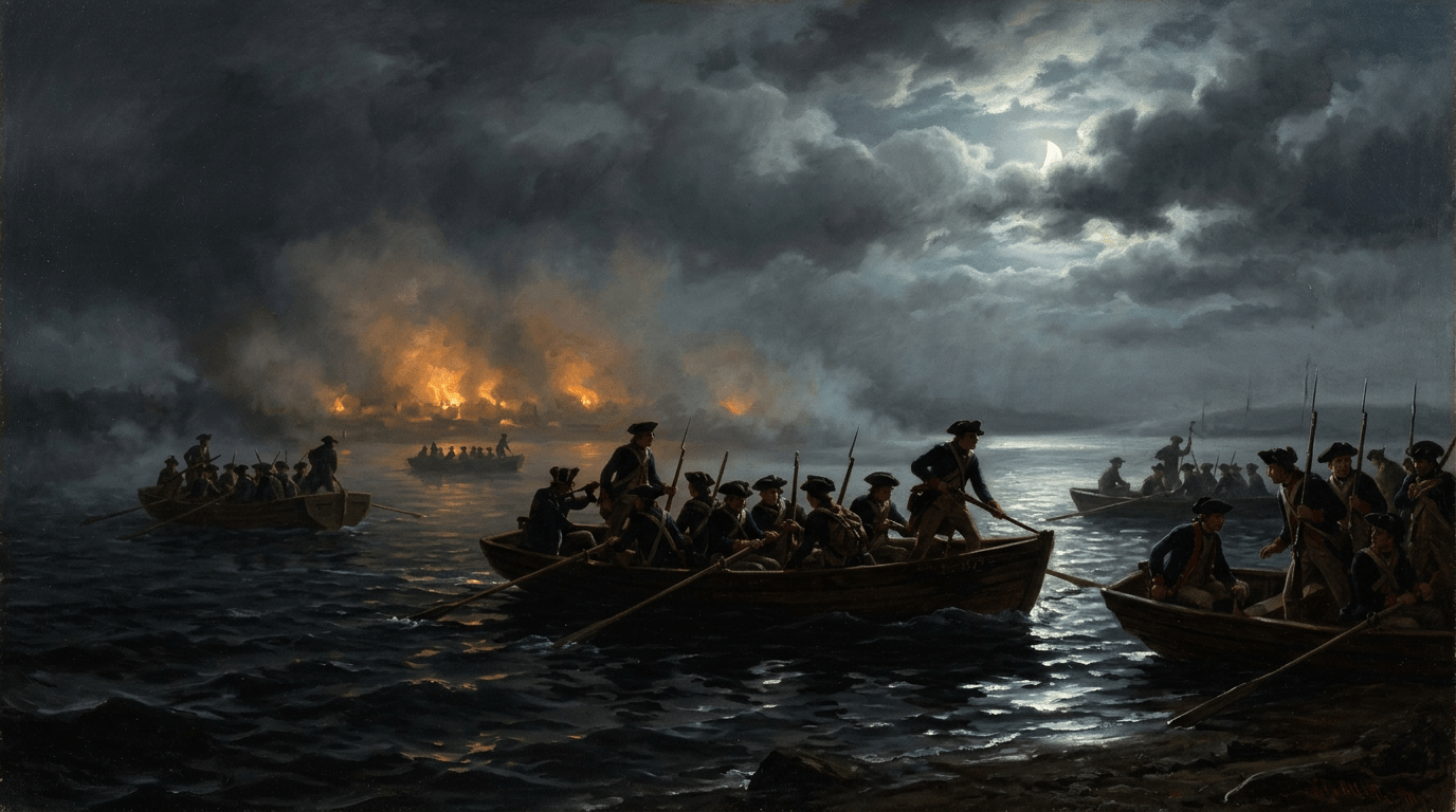 Revolutionary-era soldiers rowing boats past burning shores at night