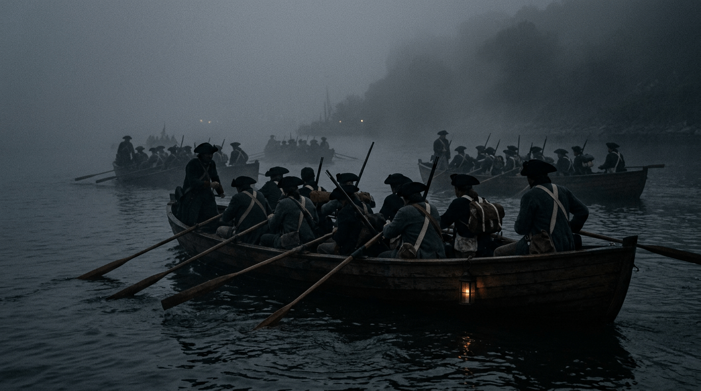 Revolutionary-era soldiers rowing wooden boats through foggy water