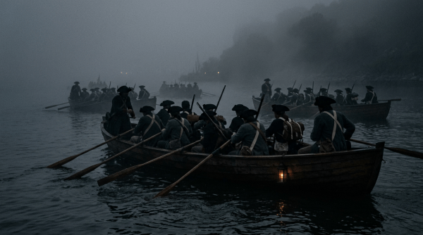 Revolutionary-era soldiers rowing wooden boats through foggy water