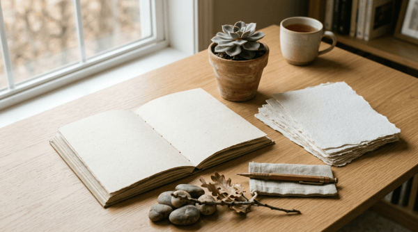 Open blank journal, pencil, tea, succulent, and handmade paper on wooden desk