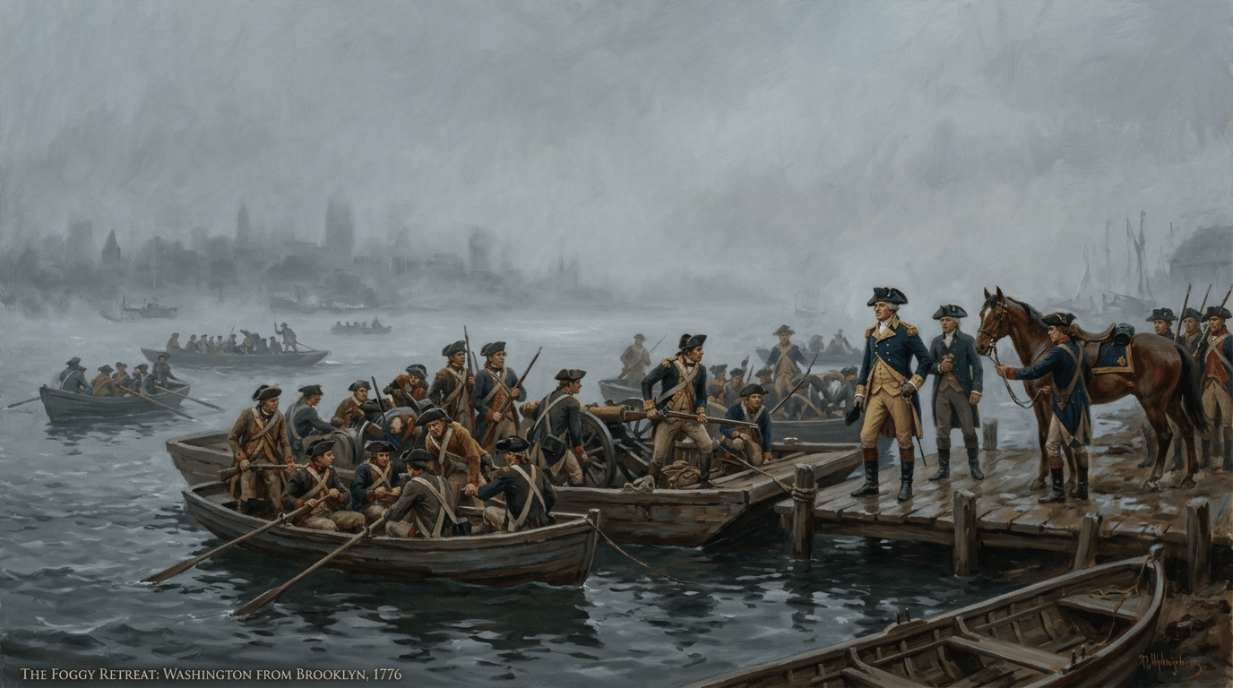 Painting titled "The Foggy Retreat: Washington from Brooklyn, 1776," showing Washington and soldiers boarding boats.