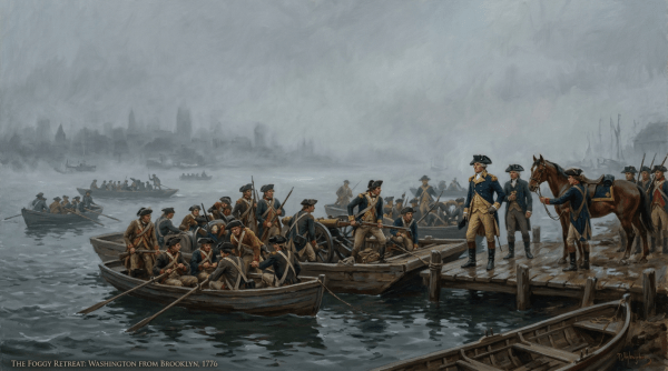 Painting titled "The Foggy Retreat: Washington from Brooklyn, 1776," showing Washington and soldiers boarding boats.