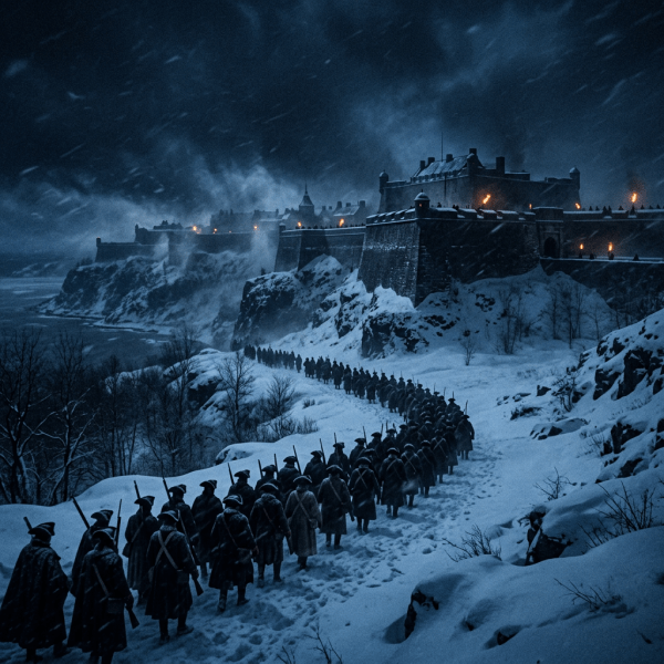Soldiers march through snow toward a torchlit fortress at night