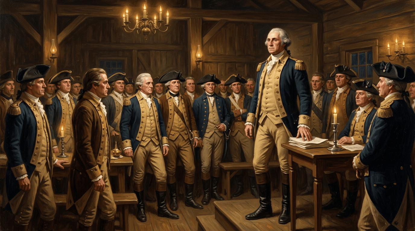 George Washington addressing Revolutionary War officers in a candlelit wooden hall