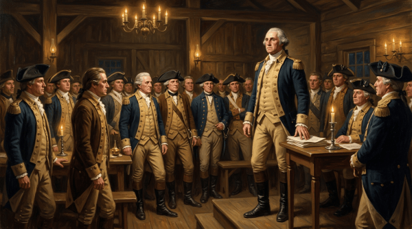 George Washington addressing Revolutionary War officers in a candlelit wooden hall