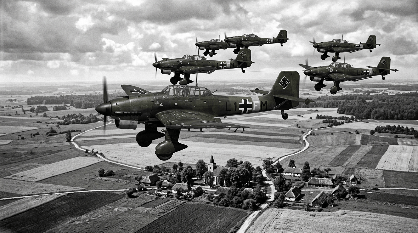 Formation of German World War II dive bombers over farmland