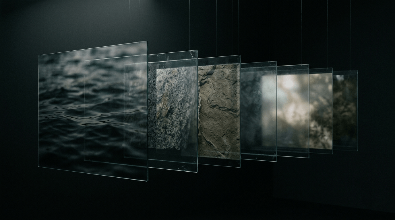 Suspended glass panels displaying water, stone, and blurred landscape textures